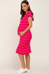 Fuchsia Striped Ribbed Fitted Maternity Sweater Dress