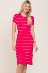 Fuchsia Striped Ribbed Fitted Sweater Dress