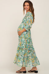 Green Floral Watercolor Print Tiered Maternity Midi Dress