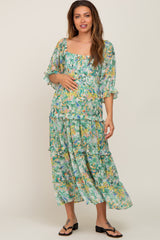 Green Floral Watercolor Print Tiered Maternity Midi Dress