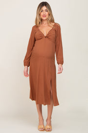 Brown Twist V-Neck Front Cutout Maternity Midi Dress