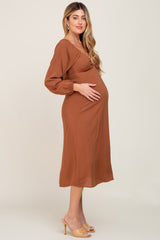 Brown Twist V-Neck Front Cutout Maternity Midi Dress