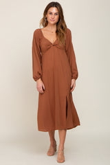 Brown Twist V-Neck Front Cutout Maternity Midi Dress