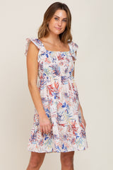 Cream Palm Print Smocked Flutter Sleeve Dress