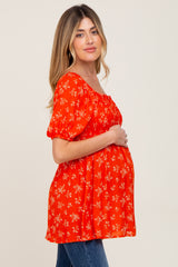 Orange Floral Smocked Square Neck Maternity Top