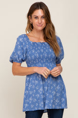 Blue Floral Smocked Square Neck Top