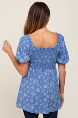 Blue Floral Smocked Square Neck Top