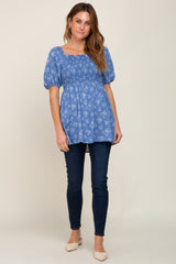 Blue Floral Smocked Square Neck Top