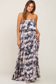 Charcoal Leaf Print Strapless Front Tie Maxi Dress