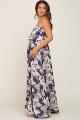 Charcoal Leaf Print Strapless Front Tie Maternity Maxi Dress