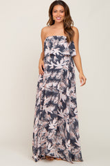 Charcoal Leaf Print Strapless Front Tie Maternity Maxi Dress