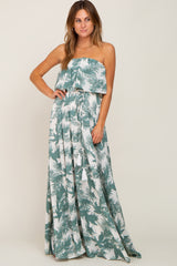 Green Leaf Print Strapless Front Tie Maternity Maxi Dress