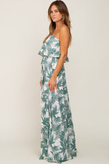 Green Leaf Print Strapless Front Tie Maxi Dress