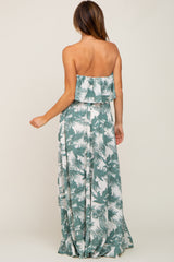 Green Leaf Print Strapless Front Tie Maxi Dress