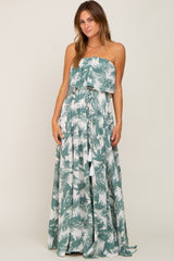 Green Leaf Print Strapless Front Tie Maxi Dress