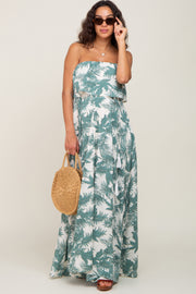 Green Leaf Print Strapless Front Tie Maternity Maxi Dress