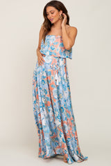 Blue Floral Satin Strapless Front Tie Maternity Maxi Dress