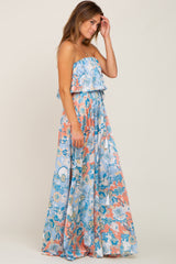 Blue Floral Satin Strapless Front Tie Maxi Dress