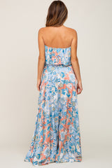 Blue Floral Satin Strapless Front Tie Maxi Dress