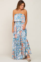 Blue Floral Satin Strapless Front Tie Maxi Dress