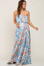 Blue Floral Satin Strapless Front Tie Maternity Maxi Dress