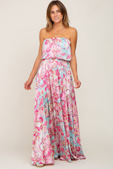 Fuchsia Floral Satin Strapless Front Tie Maxi Dress