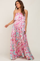 Fuchsia Floral Satin Strapless Front Tie Maternity Maxi Dress