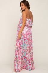 Fuchsia Floral Satin Strapless Front Tie Maternity Maxi Dress