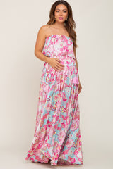 Fuchsia Floral Satin Strapless Front Tie Maternity Maxi Dress