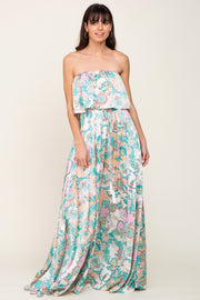 Jade Floral Satin Strapless Front Tie Maxi Dress