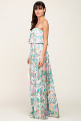 Jade Floral Satin Strapless Front Tie Maxi Dress