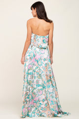 Jade Floral Satin Strapless Front Tie Maxi Dress