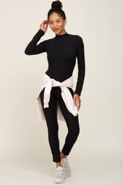 Black Ribbed Mock Neck Long Sleeve Jumpsuit