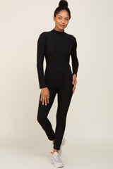 Black Ribbed Mock Neck Long Sleeve Jumpsuit