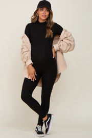 Black Ribbed Mock Neck Long Sleeve Maternity Jumpsuit