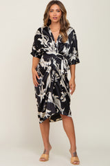 Black Printed Button Down Satin Maternity Midi Dress