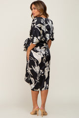 Black Printed Button Down Satin Maternity Midi Dress