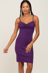 Purple Metallic Ruched Front Fitted Maternity Dress