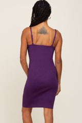 Purple Metallic Ruched Front Fitted Dress