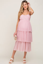 Pink Pleated Tiered Maternity Midi Dress