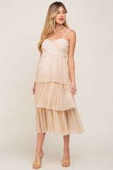 Beige Pleated Tiered Maternity Midi Dress