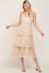 Beige Pleated Tiered Midi Dress