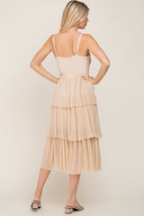 Beige Pleated Tiered Midi Dress