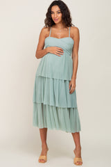 Mint Green Pleated Tiered Maternity Midi Dress