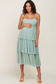 Mint Green Pleated Tiered Maternity Midi Dress