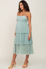 Mint Green Pleated Tiered Maternity Midi Dress