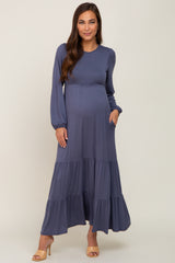 Blue Long Sleeve Tiered Maternity Maxi Dress