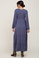 Blue Long Sleeve Tiered Maxi Dress