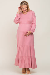 Mauve Long Sleeve Tiered Maternity Plus Maxi Dress