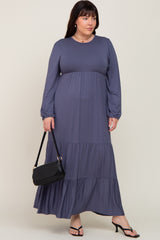 Blue Long Sleeve Tiered Plus Maxi Dress